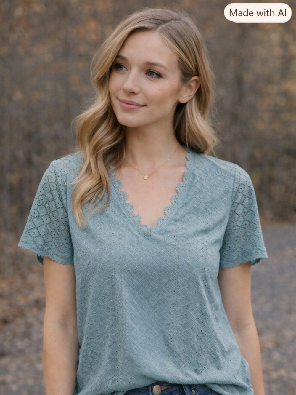 NWT Scallop V‑Neck Short Sleeve Top Lightweight Relaxed Textured Knit Sage Small
